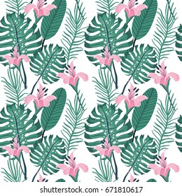 Hermoso fondo de verano floral sin fisuras con hojas de palma y flores tropicales. Perfecto para fondos de escritorio, fondos de página web, texturas superficiales, textiles.
