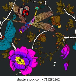 Beautiful seamless floral summer pattern background with gold dragonfly, flowers. Vintage Chinoiserie style. Vector stock.