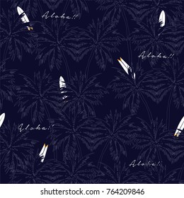 Beautiful seamless floral and surf pattern background. Palm trees on navy blue.