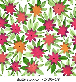 Beautiful seamless flower composition. Watercolor flowers and leaves. Colourful summer flowers on a white background. Can be used for curtains, wallpaper, pattern fills, web page background, surface