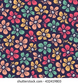 Beautiful seamless flower doodle pattern. Floral  background. Cute colorful texture.  Blossom wallpaper. Summer retro backdrop. Vector illustration.