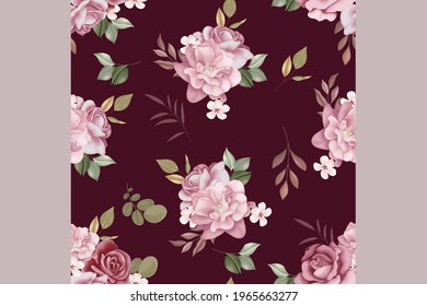 Beautiful seamless beautiful flower with leaves pattern, Premium Vector