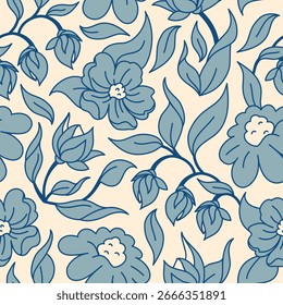 Hermoso patrón de flores sin fisuras con delicadas flores azules sobre un elegante fondo suave. Ideal para diseños de telas, papelería o digitales
