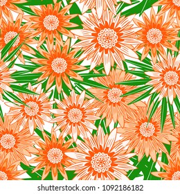 Beautiful Seamless Flower Pattern with Green Leaves. Stylized Gerbera or Daisy. Vector Flowers in Hipster Style. African Camomile Gasania. Seamless Orange Flowers for Print, Cloth, Textile, Fabric.