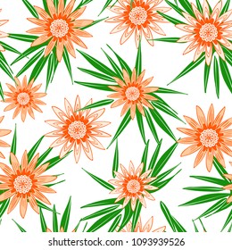 Beautiful Seamless Flower Pattern with Green Leaves. Stylized Gerbera or Daisy. Vector Flowers in Hipster Style. African Camomile Gasania. Seamless Orange Flowers for Print, Cloth, Textile, Fabric.