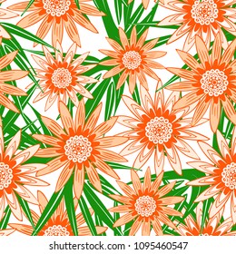 Beautiful Seamless Flower Pattern with Green Leaves. Stylized Gerbera or Daisy. Vector Flowers in Hipster Style. African Camomile Gasania. Seamless Orange Flowers for Print, Cloth, Textile, Fabric.