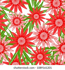 Beautiful Seamless Flower Pattern with Leaves. Stylized Gerbera or Daisy. Vector Flowers in Hipster Style. African Camomile Gasania. Seamless Red Flowers for Print, Cloth, Textile, Fabric, Paper.