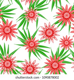Beautiful Seamless Flower Pattern with Leaves. Stylized Gerbera or Daisy. Vector Flowers in Hipster Style. African Camomile Gasania. Seamless Red Flowers for Print, Cloth, Textile, Fabric, Paper.