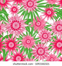 Beautiful Seamless Flower Pattern with Leaves. Stylized Gerbera or Daisy. Vector Flowers in Hipster Style. African Camomile Gasania. Seamless Pink Flowers for Print, Cloth, Textile, Fabric, Paper.