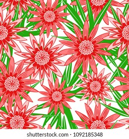 Beautiful Seamless Flower Pattern with Leaves. Stylized Gerbera or Daisy. Vector Flowers in Hipster Style. African Camomile Gasania. Seamless Red Flowers for Print, Cloth, Textile, Fabric, Paper.