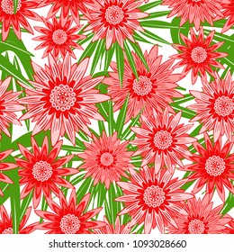 Beautiful Seamless Flower Pattern with Leaves. Stylized Gerbera or Daisy. Vector Flowers in Hipster Style. African Camomile Gasania. Seamless Red Flowers for Print, Cloth, Textile, Fabric, Paper.
