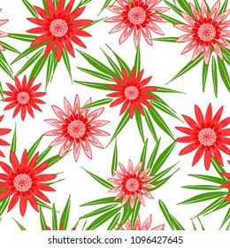 Beautiful Seamless Flower Pattern with Leaves. Stylized Gerbera or Daisy. Vector Flowers in Hipster Style. African Camomile Gasania. Seamless Red Flowers for Print, Cloth, Textile, Fabric, Paper.