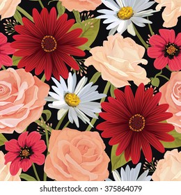 Beautiful  seamless flower pattern with roses, gerbera and other flowers. Bright illustration, can be used as creating card, invitation card for wedding, birthday and other holiday. EPS 10 vector.