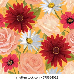 Beautiful  seamless flower pattern with roses, gerbera and other flowers. Bright illustration, can be used as creating card, invitation card for wedding, birthday and other holiday. EPS 10 vector.