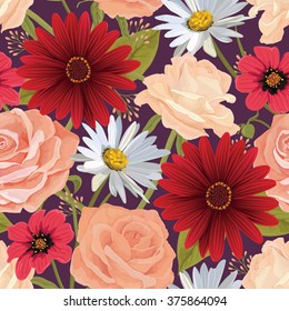 Beautiful  seamless flower pattern with roses, gerbera and other flowers. Bright illustration, can be used as creating card, invitation card for wedding, birthday and other holiday. EPS 10 vector.