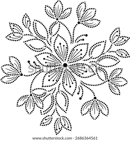 Beautiful Seamless Geometric Central Rotating Hexapetal Flower with Peripheral Swirling Leaves, End on Flowers and Flower Buds Mandala Design Pattern, Hand drawn Dotted Floral Vector Illustration 