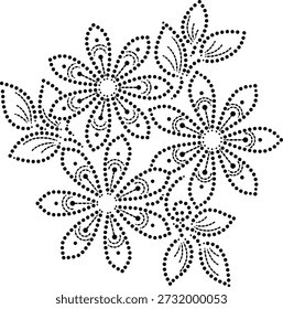Elemento de design geométrico bonito sem costura de flores feitas de pétalas com design intrincado com folhas giratórias periféricas, ilustração vetorial floral pontilhada desenhada à mão com flores rotativas com folhas listradas desenhadas em estilo plano pontilhado para bordado, tecido, almofada, cortinas, tapete, papel de parede, telhas, laminados etc