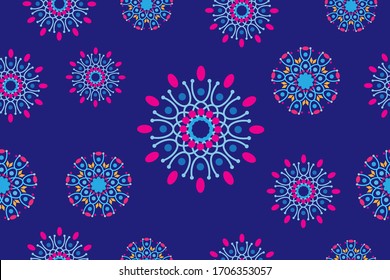  Schönes, nahtloses geometrisches Blumenmuster.Farbige abstrakte, florale Hintergrunddesign-Vorlage. Verzierte Vintage. Stilvolles Grafikdesign. Blau, türkis, magenta, violett, beige