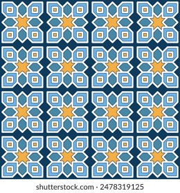 Beautiful seamless geometric pattern with a combination of orange and blue colors. Suitable for various graphic design purposes, decorative, tiles, textiles, wallpapers, backgrounds, etc.