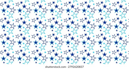 Beautiful seamless geometric pattern elegant blue star shapes in various sizes on a clean white background. For textile print, trendy wrapping paper, wallpaper, and holiday gift