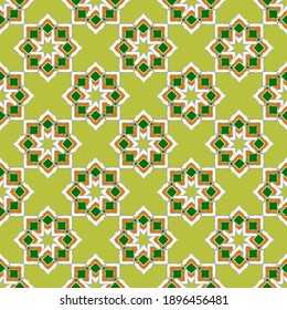 Hermoso patrón geométrico impecable en estilo oriental. Estrellas rizadas de rombos sobre fondo limón-amarillo. Ideal para decorar tejidos, textiles, envoltura de regalo, materiales impresos, publicidad.