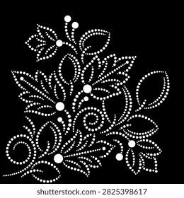 Beautiful Seamless Geometric white Textured Atypical Maple Leaf Patterned Floral Design Element against Black Background, Hand Drawn Dotted Vibrant Embroidery Floral Vector Illustration or Background Texture Pattern 