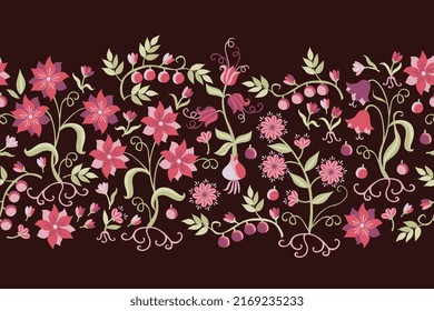 Beautiful seamless horizontal border with pink berries, pink and purple flowers, green leaves, roots and bulbs on a deep brown background.