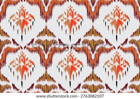Beautiful seamless ikat pattern featuring ethnic tribal motifs in warm orange, brown, and earthy tones. Inspired by traditional handcrafted textiles, this abstract geometric design is perfect for fabric printing, home decor, wallpaper, fashion, and modern background applications.
