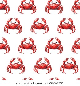 Beautiful seamless illustrated vector texture with realistic waterpainted red crabs on white background

