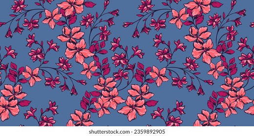 Beautiful seamless illustration of a wild blooming pattern. Cute, geantly, femenive  floral tapestry. Vector hand drawn sketch red, ruddy, orange flowers . Template for design,  textile, fashion