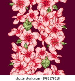 Beautiful seamless intense red floral pattern with apple flowers. Nature botanical vector background illustration. Stock graphic design.