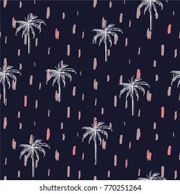 Beautiful seamless island with paint stroke pattern on navy blue background. Landscape with palm trees,beach and ocean vector hand drawn style.