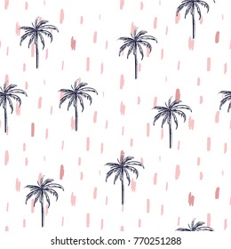 Beautiful seamless island with paint stroke pattern on white background. Landscape with palm trees,beach and ocean vector hand drawn style.