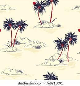 Beautiful seamless island pattern  background. Landscape with palm trees,beach and ocean vector hand drawn style.On light pink Background.