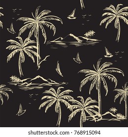 Beautiful seamless island pattern beige line on dark grey background. Landscape with palm trees,beach and ocean vector hand drawn style.