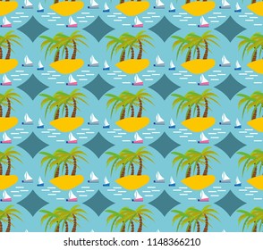 Beautiful seamless island pattern with boats. Landscape with palm trees,beach and ocean vector hand drawn style.Exotic
