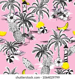 Beautiful seamless island pattern. Landscape with palm trees,fruit,hibiscus flower,banana,orange,beach and ocean vector hand drawn style on light pink color background.