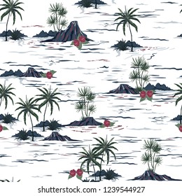  Beautiful seamless island pattern . Landscape with palm trees,beach and ocean vector hand drawn style on white color background.