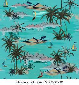 Beautiful seamless island pattern on white background. Landscape with palm trees,beach and ocean vector hand drawn style on green mint color background.