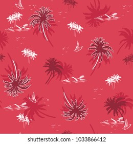 Beautiful seamless island pattern on summer red and white  background. Landscape  palm trees,beach and ocean vector hand drawn style.