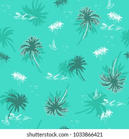 Beautiful seamless island pattern on monotone green mint  background for summer vibes . Landscape  palm trees,beach and ocean vector hand drawn style.