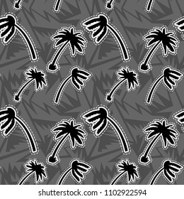 Beautiful seamless island pattern on black background. Monochrome palm tree, beach and ocean vector hand drawn style.