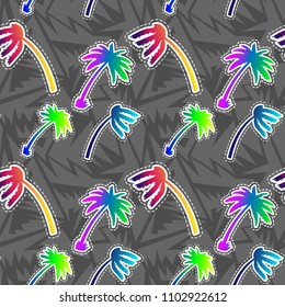 Beautiful seamless island pattern on grey background. Landscape with colorful neon color palm tree,beach and ocean vector hand drawn style.