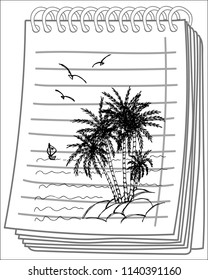 Beautiful seamless island pattern on notebook background. Palm trees silhouette on island. Landscape with palm trees,beach and ocean vector hand drawn style.