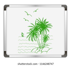 Beautiful seamless island pattern on flip chart background. Palm trees silhouette on island. Landscape with palm trees,beach and ocean vector hand drawn style.
