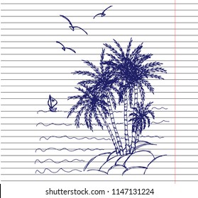 Beautiful seamless island pattern on copybook background. Palm trees silhouette on island. Landscape with palm trees,beach and ocean vector hand drawn style.
