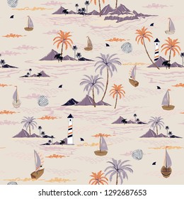 Beautiful seamless island pattern on pastel background. Landscape with palm trees,beach and ocean vector hand drawn style design for fashion,fabric,wallpaper,web and all prints