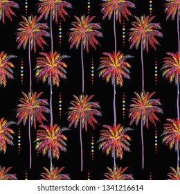 Beautiful seamless island pattern on black background. Landscape with colorful neon color palm tree,beach and ocean vector hand drawn style. 