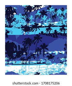 Beautiful seamless island pattern on  blue background. Landscape with palm trees,blue sky  and ocean vector hand drawn style.
