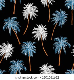 Beautiful seamless island pattern on black . Landscape with palm trees,beach hawaiian and ocean vector hand drawn style. Design for fashion , fabric, web, wallpaper, wrapping ,and all prints